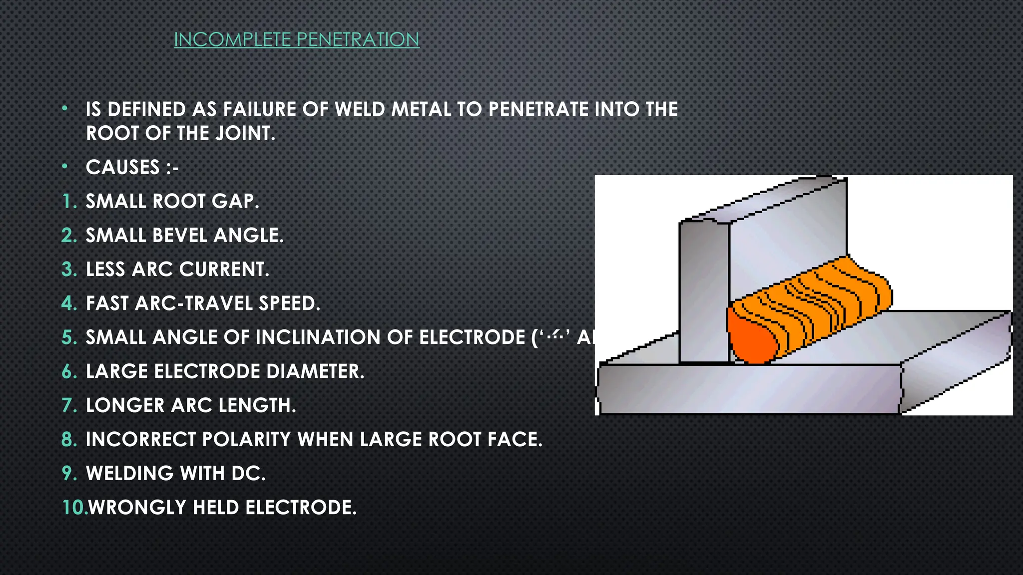 INCOMPLETE PENETRATION
• IS DEFINED AS FAILURE OF WELD METAL TO PENETRATE INTO THE
ROOT OF THE JOINT.
• CAUSES :-
1. SMALL ROOT GAP.
2. SMALL BEVEL ANGLE.
3. LESS ARC CURRENT.
4. FAST ARC-TRAVEL SPEED.
5. SMALL ANGLE OF INCLINATION OF ELECTRODE (‘’ ANGLE).
6. LARGE ELECTRODE DIAMETER.
7. LONGER ARC LENGTH.
8. INCORRECT POLARITY WHEN LARGE ROOT FACE.
9. WELDING WITH DC.
10.WRONGLY HELD ELECTRODE.
 