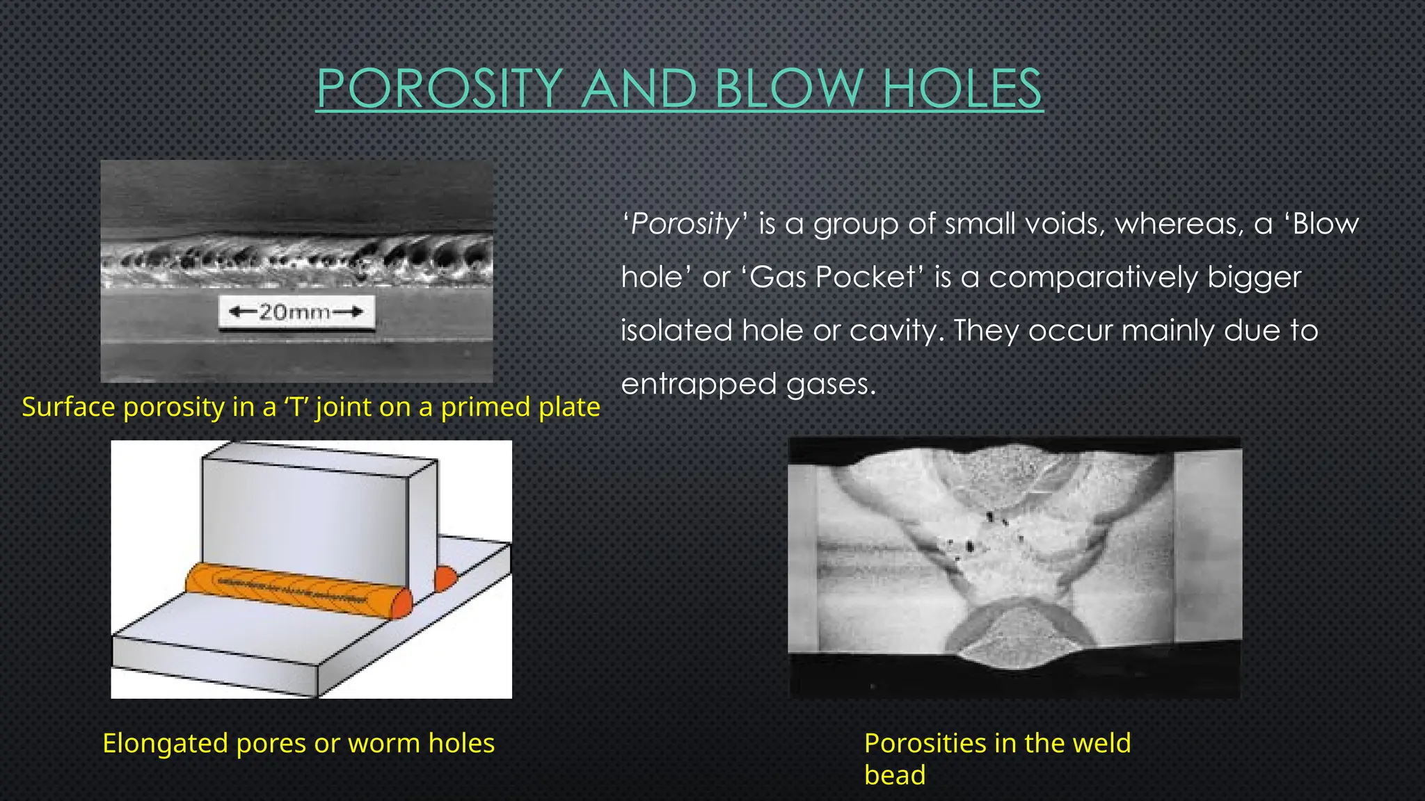 POROSITY AND BLOW HOLES
Surface porosity in a ‘T’ joint on a primed plate
‘Porosity’ is a group of small voids, whereas, a ‘Blow
hole’ or ‘Gas Pocket’ is a comparatively bigger
isolated hole or cavity. They occur mainly due to
entrapped gases.
Porosities in the weld
bead
Elongated pores or worm holes
 