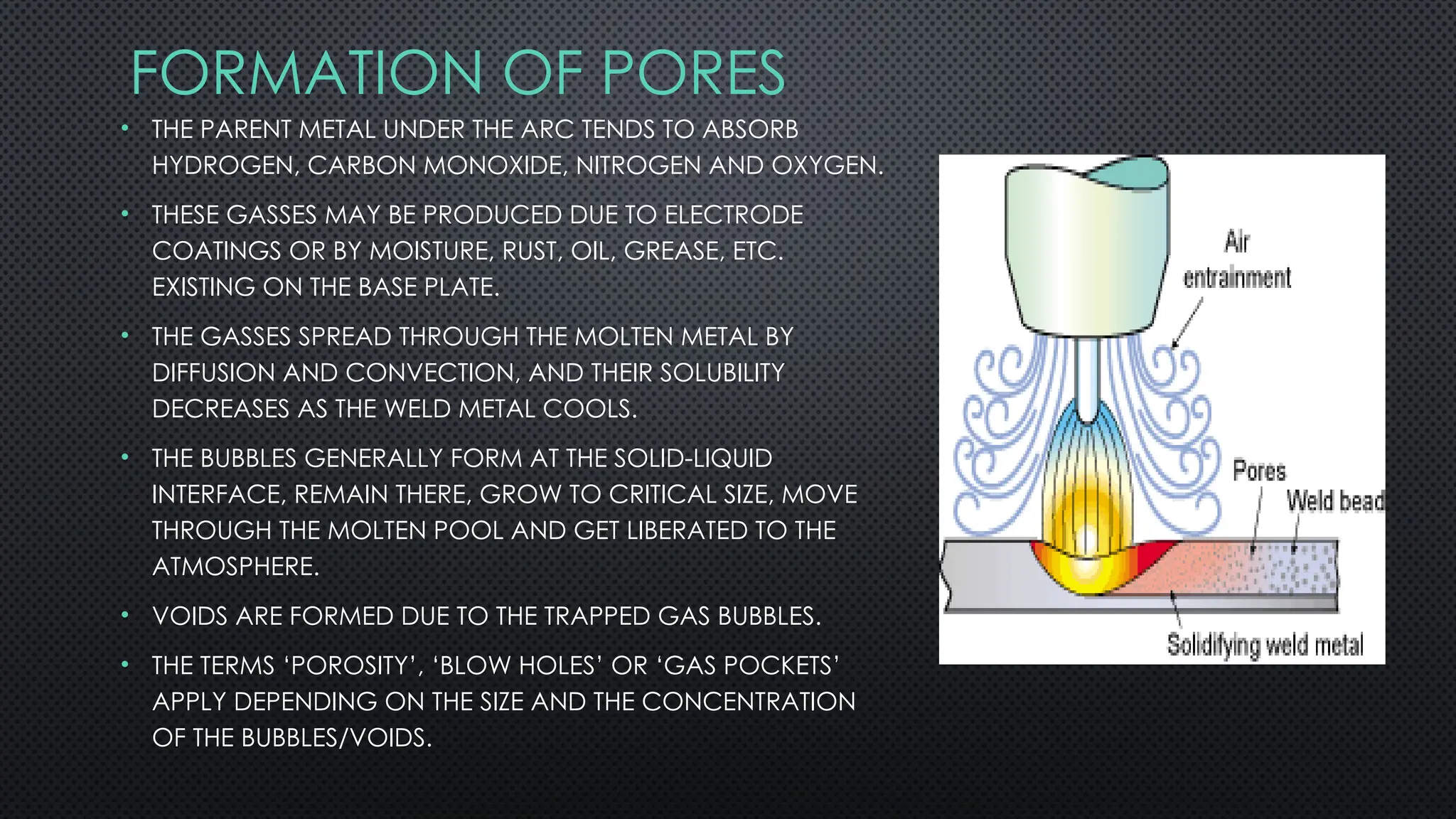 FORMATION OF PORES
• THE PARENT METAL UNDER THE ARC TENDS TO ABSORB
HYDROGEN, CARBON MONOXIDE, NITROGEN AND OXYGEN.
• THESE GASSES MAY BE PRODUCED DUE TO ELECTRODE
COATINGS OR BY MOISTURE, RUST, OIL, GREASE, ETC.
EXISTING ON THE BASE PLATE.
• THE GASSES SPREAD THROUGH THE MOLTEN METAL BY
DIFFUSION AND CONVECTION, AND THEIR SOLUBILITY
DECREASES AS THE WELD METAL COOLS.
• THE BUBBLES GENERALLY FORM AT THE SOLID-LIQUID
INTERFACE, REMAIN THERE, GROW TO CRITICAL SIZE, MOVE
THROUGH THE MOLTEN POOL AND GET LIBERATED TO THE
ATMOSPHERE.
• VOIDS ARE FORMED DUE TO THE TRAPPED GAS BUBBLES.
• THE TERMS ‘POROSITY’, ‘BLOW HOLES’ OR ‘GAS POCKETS’
APPLY DEPENDING ON THE SIZE AND THE CONCENTRATION
OF THE BUBBLES/VOIDS.
 
