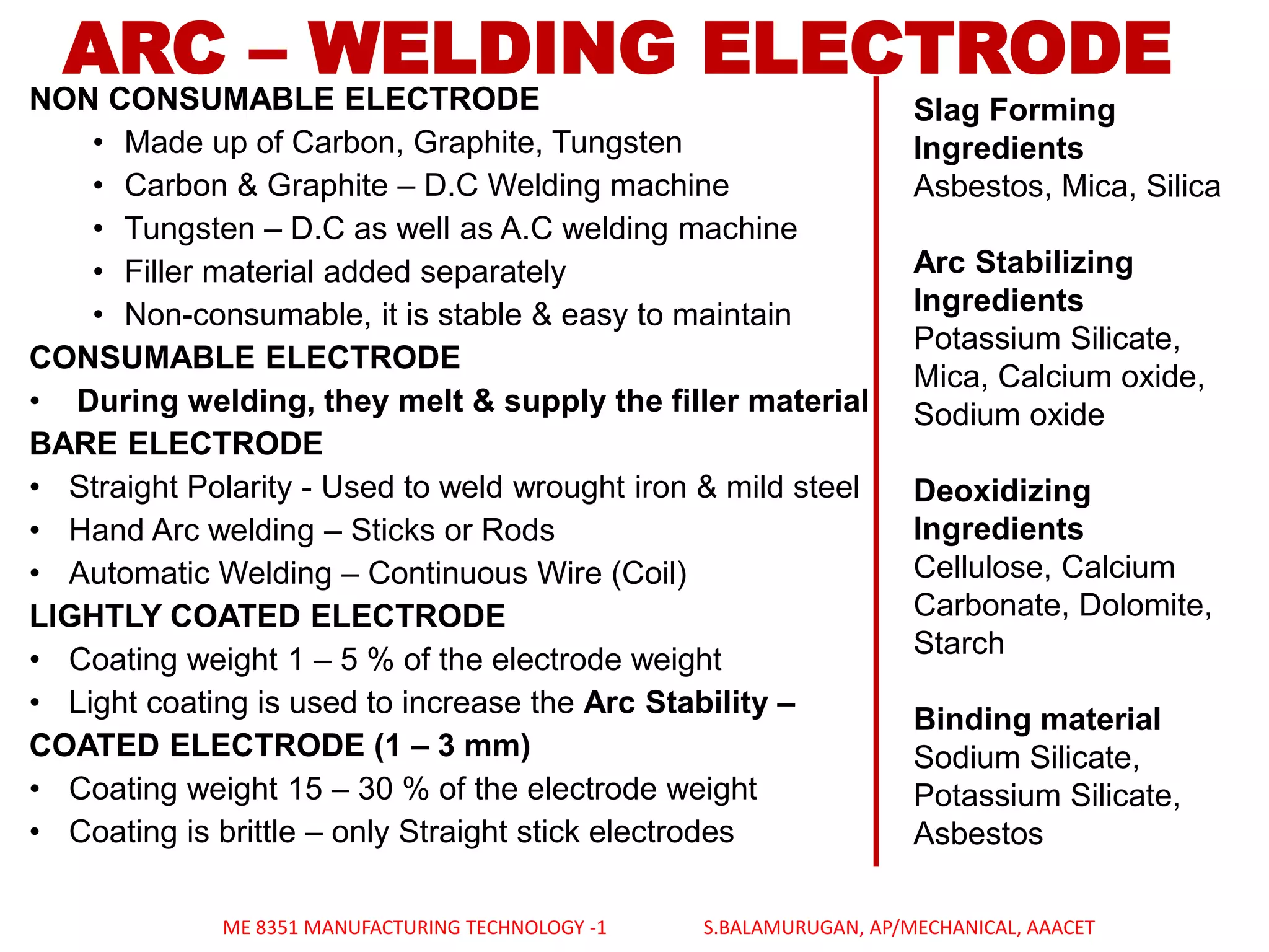 ARC – WELDING ELECTRODE
NON CONSUMABLE ELECTRODE
• Made up of Carbon, Graphite, Tungsten
• Carbon & Graphite – D.C Welding machine
• Tungsten – D.C as well as A.C welding machine
• Filler material added separately
• Non-consumable, it is stable & easy to maintain
CONSUMABLE ELECTRODE
• During welding, they melt & supply the filler material
BARE ELECTRODE
• Straight Polarity - Used to weld wrought iron & mild steel
• Hand Arc welding – Sticks or Rods
• Automatic Welding – Continuous Wire (Coil)
LIGHTLY COATED ELECTRODE
• Coating weight 1 – 5 % of the electrode weight
• Light coating is used to increase the Arc Stability –
COATED ELECTRODE (1 – 3 mm)
• Coating weight 15 – 30 % of the electrode weight
• Coating is brittle – only Straight stick electrodes
Slag Forming
Ingredients
Asbestos, Mica, Silica
Arc Stabilizing
Ingredients
Potassium Silicate,
Mica, Calcium oxide,
Sodium oxide
Deoxidizing
Ingredients
Cellulose, Calcium
Carbonate, Dolomite,
Starch
Binding material
Sodium Silicate,
Potassium Silicate,
Asbestos
ME 8351 MANUFACTURING TECHNOLOGY -1 S.BALAMURUGAN, AP/MECHANICAL, AAACET
 