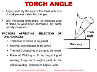 TORCH ANGLE
• Angle made by the axis of the torch with axis
of work piece is called Torch Angle.
• With increased torch angle, the exposing area
of flame to weld bead decreases, So flame
density increases.
FACTORS AFFECTING SELECTION OF
TORCH ANGLES
• Thickness of plates to be joined
• Melting Point of plates to be joined
• Thermal Conductivity of plates to be joined
• Place of Welding – At the beginning of
welding, Large torch angles used. At the
end of welding, Small torch angles used.
ME 8351 MANUFACTURING TECHNOLOGY -1 S.BALAMURUGAN, AP/MECHANICAL, AAACET
 