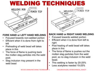 WELDING TECHNIQUES
FORE HAND or LEFT HAND WELDING
• Focused towards non-welded portion
• Efficient when it is done from right to
left
• Preheating of weld bead will takes
place in this
• The force of flame is pushing back
the molten slag particles into the weld
pool.
• Slag inclusion may present in the
weld bead
BACK HAND or RIGHT HAND WELDING
• Focused towards welded portion
• Efficient when it is done from left to
right
• Post heating of weld bead will takes
place in this
• The force of flame is pushes out the
molten slag particles from the weld
pool, so no slag inclusion in the weld
bead.
• This welding is faster by 20-25%
• Less acetylene needed 15-25%
ME 8351 MANUFACTURING TECHNOLOGY -1 S.BALAMURUGAN, AP/MECHANICAL, AAACET
 