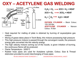 OXY – ACETYLENE GAS WELDING
C2H2 + O2 2CO + H2 + HEAT
2CO + O2 2CO2 + HEAT
H2 +
𝟏
𝟐
O2 H2O + HEAT
OXYGEN CYLINDER – Black Colour,
125-140 Bar
ACETYLENE CYLINDER – Maroon
Colour, 16 Bar
• Heat required for melting of plate is obtained by burning of oxyacetylene gas
mixture
• Mixing of gases takes place in Torch Body, this mixture possessing high pressure
• This high pressure mixture is passed through the convergent nozzle, the pressure
energy gets converted into the velocity energy.
• The high velocity mixture coming out of the nozzle, is given initiation of burning,
the continuous flame will be produced.
• Flame Temperature - 3200°C
• Rubber hose pipes are used for Acetylene cylinder, Colour, Size & Thread
distinction provided to avoid interchanging of hose pipes
ME 8351 MANUFACTURING TECHNOLOGY -1 S.BALAMURUGAN, AP/MECHANICAL, AAACET
 