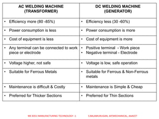 AC WELDING MACHINE
(TRANSFORMER)
DC WELDING MACHINE
(GENERATOR)
• Efficiency more (80 -85%) • Efficiency less (30 -60%)
• Power consumption is less • Power consumption is more
• Cost of equipment is less • Cost of equipment is more
• Any terminal can be connected to work
piece or electrode
• Positive terminal - Work piece
• Negative terminal - Electrode
• Voltage higher, not safe • Voltage is low, safe operation
• Suitable for Ferrous Metals • Suitable for Ferrous & Non-Ferrous
metals
• Maintenance is difficult & Costly • Maintenance is Simple & Cheap
• Preferred for Thicker Sections • Preferred for Thin Sections
ME 8351 MANUFACTURING TECHNOLOGY -1 S.BALAMURUGAN, AP/MECHANICAL, AAACET
 