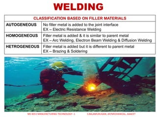 CLASSIFICATION BASED ON FILLER MATERIALS
AUTOGENEOUS No filler metal is added to the joint interface
EX – Electric Resistance Welding
HOMOGENEOUS Filler metal is added & it is similar to parent metal
EX – Arc Welding, Electron Beam Welding & Diffusion Welding
HETROGENEOUS Filler metal is added but it is different to parent metal
EX – Brazing & Soldering
WELDING
ME 8351 MANUFACTURING TECHNOLOGY -1 S.BALAMURUGAN, AP/MECHANICAL, AAACET
 