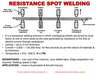 RESISTANCE SPOT WELDING
• It is a resistance welding process in which overlapping sheets are joined by local
fusion at one or more spots by the heat generated by resistance to the flow of
electric current through workpieces
• Joining – Up to 3 mm thickness
• Current = 3,000 – 1,00,000 Amp. for few seconds as per the nature of materials &
its thickness
• Temperature = 815 - 930°C, H ∝ I2Rt
ADVANTAGES – Low cost of the machine, Less skilled labor, Edge preparation not
required, Welding speed is high
APPLICATION – Used in Automobile & Aircraft industry
ME 8351 MANUFACTURING TECHNOLOGY -1 S.BALAMURUGAN, AP/MECHANICAL, AAACET
 