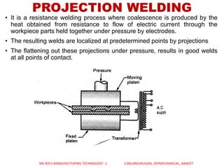 PROJECTION WELDING
• It is a resistance welding process where coalescence is produced by the
heat obtained from resistance to flow of electric current through the
workpiece parts held together under pressure by electrodes.
• The resulting welds are localized at predetermined points by projections
• The flattening out these projections under pressure, results in good welds
at all points of contact.
ME 8351 MANUFACTURING TECHNOLOGY -1 S.BALAMURUGAN, AP/MECHANICAL, AAACET
 
