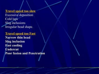 1 23
Travel speed too slow
Excessive deposition
Cold laps
Slag inclusions
Irregular bead shape.
Travel speed too Fast
Narrow thin bead
Slag inclusion
Fast cooling
Undercut
Poor fusion and Penetration
 