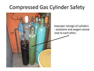 Improper storage of cylinders
- acetylene and oxygen stored
next to each other.
Compressed Gas Cylinder Safety
 