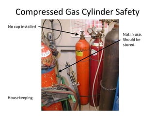 No cap installed
Not in use.
Should be
stored.
Housekeeping
Compressed Gas Cylinder Safety
 