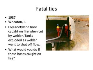 Fatalities
• 1987
• Wheaton, IL
• Oxy-acetylene hose
caught on fire when cut
by welder. Tanks
exploded as welder
went to shut off flow.
• What would you do if
these hoses caught on
fire?
 