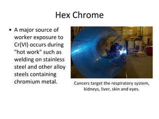 Hex Chrome
• A major source of
worker exposure to
Cr(VI) occurs during
"hot work" such as
welding on stainless
steel and other alloy
steels containing
chromium metal. Cancers target the respiratory system,
kidneys, liver, skin and eyes.
 