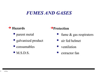 10 welding
FUMES AND GASES
 Hazards
 parent metal
 galvanised product
 consumables
 M.S.D.S.
Protection
 fume & gas respirators
 air fed helmet
 ventilation
 extractor fan
 