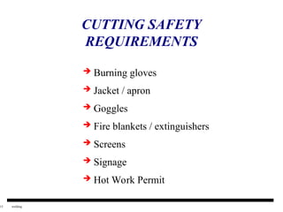 15 welding
CUTTING SAFETY
REQUIREMENTS
 Burning gloves
 Jacket / apron
 Goggles
 Fire blankets / extinguishers
 Screens
 Signage
 Hot Work Permit
 