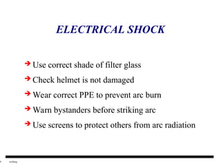 9 welding
ELECTRICAL SHOCK
 Use correct shade of filter glass
 Check helmet is not damaged
 Wear correct PPE to prevent arc burn
 Warn bystanders before striking arc
 Use screens to protect others from arc radiation
 