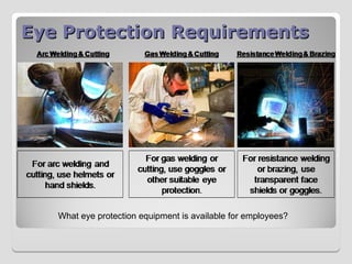 Eye Protection Requirements
Eye Protection Requirements
What eye protection equipment is available for employees?
 