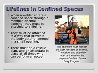 Lifelines in Confined Spaces
Lifelines in Confined Spaces
 When a welder enters a
confined space through a
manhole or small
opening, they must be
attached to a lifeline.
 They must be attached
in a way that prevents
the body getting jammed
in a small opening.
 There must be a rescue
plan, and an attendant in
place at all times who
can perform a rescue.
The attendant must monitor
the work for signs of distress.
The welder and attendant
must be trained on the
company Confined Space
Entry Program.
 
