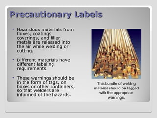 Precautionary Labels
Precautionary Labels
 Hazardous materials from
fluxes, coatings,
coverings, and filler
metals are released into
the air while welding or
cutting.
 Different materials have
different labeling
requirements.
 These warnings should be
in the form of tags, on
boxes or other containers,
so that welders are
informed of the hazards.
This bundle of welding
material should be tagged
with the appropriate
warnings.
 