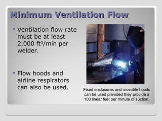Minimum Ventilation Flow
Minimum Ventilation Flow
 Ventilation flow rate
must be at least
2,000 ft3
/min per
welder.
 Flow hoods and
airline respirators
can also be used. Fixed enclosures and movable hoods
can be used provided they provide a
100 linear feet per minute of suction.
 