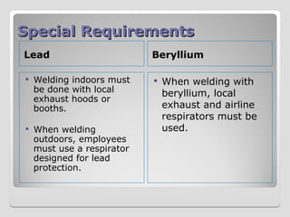 Special Requirements
Special Requirements
Lead Beryllium
 Welding indoors must
be done with local
exhaust hoods or
booths.
 When welding
outdoors, employees
must use a respirator
designed for lead
protection.
 When welding with
beryllium, local
exhaust and airline
respirators must be
used.
 