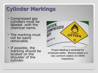 Cylinder Markings
Cylinder Markings
 Compressed gas
cylinders must be
labeled with the
chemical name.
 The marking must
not be easily
removable.
 If possible, the
marking should be
located on the
shoulder of the
cylinder.
Proper labeling is essential for
employee safety. Missing labels is a
very common citation on OSHA
inspections.
 