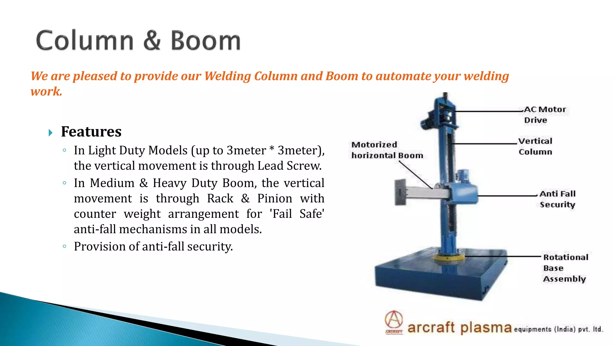  Features
◦ In Light Duty Models (up to 3meter * 3meter),
the vertical movement is through Lead Screw.
◦ In Medium & Heavy Duty Boom, the vertical
movement is through Rack & Pinion with
counter weight arrangement for 'Fail Safe'
anti-fall mechanisms in all models.
◦ Provision of anti-fall security.
We are pleased to provide our Welding Column and Boom to automate your welding
work.
 