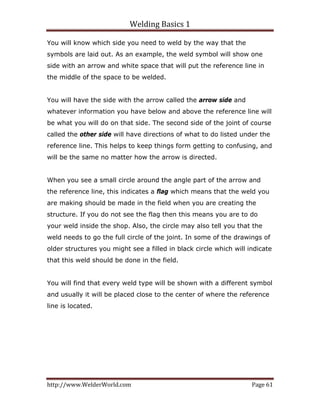 Welding Basics 1 
http://www.WelderWorld.com  Page 61 
You will know which side you need to weld by the way that the
symbols are laid out. As an example, the weld symbol will show one
side with an arrow and white space that will put the reference line in
the middle of the space to be welded.
You will have the side with the arrow called the arrow side and
whatever information you have below and above the reference line will
be what you will do on that side. The second side of the joint of course
called the other side will have directions of what to do listed under the
reference line. This helps to keep things form getting to confusing, and
will be the same no matter how the arrow is directed.
When you see a small circle around the angle part of the arrow and
the reference line, this indicates a flag which means that the weld you
are making should be made in the field when you are creating the
structure. If you do not see the flag then this means you are to do
your weld inside the shop. Also, the circle may also tell you that the
weld needs to go the full circle of the joint. In some of the drawings of
older structures you might see a filled in black circle which will indicate
that this weld should be done in the field.
You will find that every weld type will be shown with a different symbol
and usually it will be placed close to the center of where the reference
line is located.
 