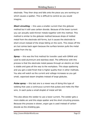 Welding Basics 1 
http://www.WelderWorld.com  Page 21 
electrode. They then drop and falls onto the piece you are working on
which causes a spatter. This is difficult to control as you would
imagine.
Short circuiting -- this uses a smaller current than the globular
method but it still uses carbon dioxide. Because of the lower current
you can actually weld thinner metals together with this method. This
method is similar to the globular method because drops of melted
metal from the electrode still forms, but it causes the electrode to
short circuit instead of the drops falling on the work. This closes off the
arc but comes back again because the surface tension pulls the metal
goblet from the tip.
Spray -- this was the first method for transfer used with GMAW and
used to weld aluminium and stainless steel. The difference with this
process is that the electrode metal passes through an electric arc that
is stable and goes all the way to the workplace. This stops spattering
and you get a weld finish that is higher quality than in other methods.
You also will watch as the current and voltage increases so you get
small, vaporized steam droplets instead of large globules.
Pulse spray -- this last one is a newer way of doing this type of
welding that uses a continuous current that pulses and melts the filler
wire. In each pulse a small droplet of metal will fall.
This also allows the welder to use a lower current. The welder gets a
more stable arc and this stops spatter and the short circuiting process.
Because this process is slower, argon gas is used instead of carbon
dioxide as the shielding gas.
 