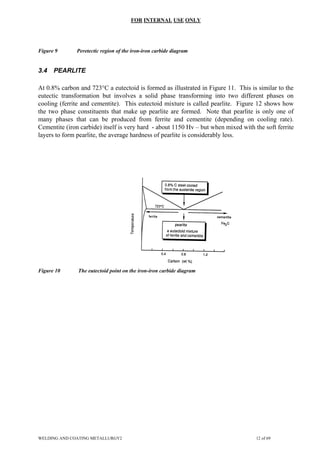 FOR INTERNAL USE ONLY
Figure 9 Peretectic region of the iron-iron carbide diagram
3.4 PEARLITE
At 0.8% carbon and 723°C a eutectoid is formed as illustrated in Figure 11. This is similar to the
eutectic transformation but involves a solid phase transforming into two different phases on
cooling (ferrite and cementite). This eutectoid mixture is called pearlite. Figure 12 shows how
the two phase constituents that make up pearlite are formed. Note that pearlite is only one of
many phases that can be produced from ferrite and cementite (depending on cooling rate).
Cementite (iron carbide) itself is very hard - about 1150 Hv – but when mixed with the soft ferrite
layers to form pearlite, the average hardness of pearlite is considerably less.
Figure 10 The eutectoid point on the iron-iron carbide diagram
WELDING AND COATING METALLURGY2 12 of 69
 