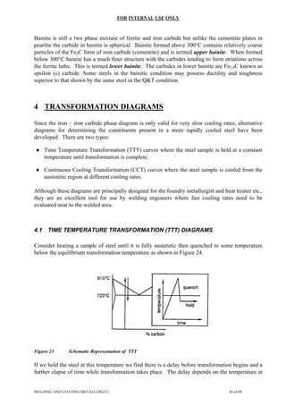 FOR INTERNAL USE ONLY
Bainite is still a two phase mixture of ferrite and iron carbide but unlike the cementite plates in
pearlite the carbide in bainite is spherical. Bainite formed above 300°C contains relatively coarse
particles of the Fe3C form of iron carbide (cementite) and is termed upper bainite. When formed
below 300°C bainite has a much finer structure with the carbides tending to form striations across
the ferrite laths. This is termed lower bainite. The carbides in lower bainite are Fe2.4C known as
epsilon (ε) carbide. Some steels in the bainitic condition may possess ductility and toughness
superior to that shown by the same steel in the Q&T condition.
4 TRANSFORMATION DIAGRAMS
Since the iron – iron carbide phase diagram is only valid for very slow cooling rates, alternative
diagrams for determining the constituents present in a more rapidly cooled steel have been
developed. There are two types:
♦ Time Temperature Transformation (TTT) curves where the steel sample is held at a constant
temperature until transformation is complete.
♦ Continuous Cooling Transformation (CCT) curves where the steel sample is cooled from the
austenitic region at different cooling rates.
Although these diagrams are principally designed for the foundry metallurgist and heat treater etc.,
they are an excellent tool for use by welding engineers where fast cooling rates need to be
evaluated near to the welded area.
4.1 TIME TEMPERATURE TRANSFORMATION (TTT) DIAGRAMS
Consider heating a sample of steel until it is fully austenitic then quenched to some temperature
below the equilibrium transformation temperature as shown in Figure 24.
Figure 23 Schematic Representation of TTT
If we hold the steel at this temperature we find there is a delay before transformation begins and a
further elapse of time while transformation takes place. The delay depends on the temperature at
WELDING AND COATING METALLURGY2 20 of 69
 