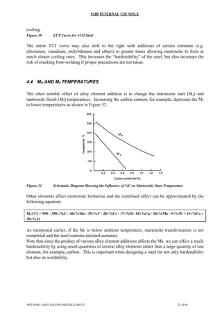 FOR INTERNAL USE ONLY
cooling.
Figure 30 CCT Curve for 4135 Steel
The entire TTT curve may also shift to the right with additions of certain elements (e.g.
chromium, vanadium, molybdenum and others) to greater times allowing martensite to form at
much slower cooling rates. This increases the “hardenability” of the steel, but also increases the
risk of cracking from welding if proper precautions are not taken.
4.4 MS AND MF TEMPERATURES
The other notable effect of alloy element addition is to change the martensite start (Ms) and
martensite finish (Mf) temperatures. Increasing the carbon content, for example, depresses the Ms
to lower temperatures as shown in Figure 32.
Figure 31 Schematic Diagram Showing the Influence of %C on Martensitic Start Temperature
Other elements affect martensite formation and the combined affect can be approximated by the
following equation:
Ms (°C) = 550 – 350 ×%C - 40×%Mn - 35×%V - 20×%Cr - 17×%Ni -10×%Cu - 10×%Mo - 5×%W + 15×%Co +
30×%Al
As mentioned earlier, if the Mf is below ambient temperature, martensite transformation is not
completed and the steel contains retained austenite.
Note that since the product of various alloy element additions affects the Ms, we can affect a steels
hardenability by using small quantities of several alloy elements rather than a large quantity of one
element, for example, carbon. This is important when designing a steel for not only hardenability
but also its weldability.
WELDING AND COATING METALLURGY2 25 of 69
 