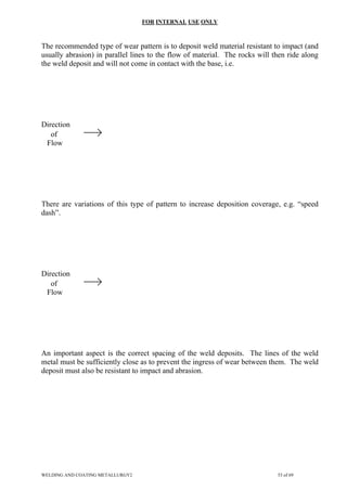 FOR INTERNAL USE ONLY
The recommended type of wear pattern is to deposit weld material resistant to impact (and
usually abrasion) in parallel lines to the flow of material. The rocks will then ride along
the weld deposit and will not come in contact with the base, i.e.
Direction
of
Flow
There are variations of this type of pattern to increase deposition coverage, e.g. “speed
dash”.
Direction
of
Flow
An important aspect is the correct spacing of the weld deposits. The lines of the weld
metal must be sufficiently close as to prevent the ingress of wear between them. The weld
deposit must also be resistant to impact and abrasion.
WELDING AND COATING METALLURGY2 53 of 69
 
