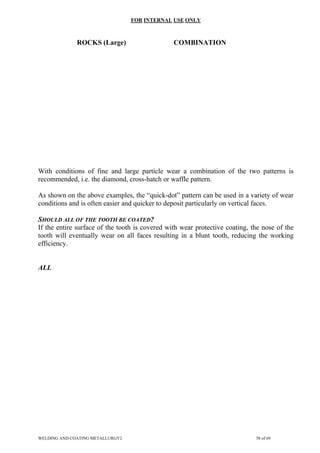 FOR INTERNAL USE ONLY
ROCKS (Large) COMBINATION
With conditions of fine and large particle wear a combination of the two patterns is
recommended, i.e. the diamond, cross-hatch or waffle pattern.
As shown on the above examples, the “quick-dot” pattern can be used in a variety of wear
conditions and is often easier and quicker to deposit particularly on vertical faces.
SHOULD ALL OF THE TOOTH BE COATED?
If the entire surface of the tooth is covered with wear protective coating, the nose of the
tooth will eventually wear on all faces resulting in a blunt tooth, reducing the working
efficiency.
ALL
WELDING AND COATING METALLURGY2 58 of 69
 