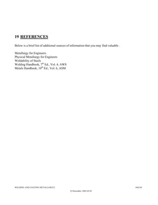 19 REFERENCES
Below is a brief list of additional sources of information that you may find valuable .
Metallurgy for Engineers
Physical Metallurgy for Engineers
Weldability of Steels
Welding Handbook, 7th
Ed., Vol. 4, AWS
Metals Handbook, 10th
Ed., Vol. 6, ASM
WELDING AND COATING METALLURGY2 69of 69
22 December, 2002;20:30
 