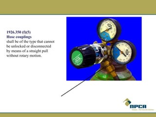 1926.350 (f)(5)
Hose couplings
shall be of the type that cannot
be unlocked or disconnected
by means of a straight pull
without rotary motion.
 