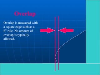 Overlap Overlap is measured with a square edge such as a 6” rule. No amount of overlap is typically allowed. 