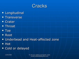 Cracks Longitudinal Transverse Crater Throat Toe Root Underbead and Heat-affected zone Hot Cold or delayed 