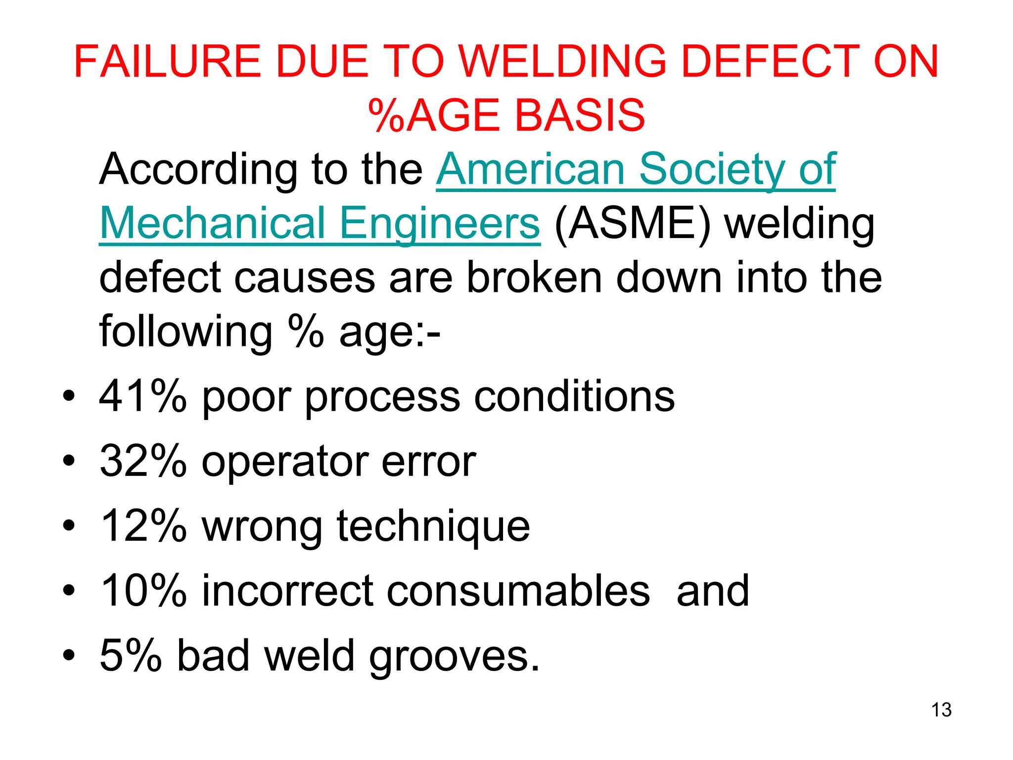 FAILURE DUE TO WELDING DEFECT ON
%AGE BASIS
According to the American Society of
Mechanical Engineers (ASME) welding
defect causes are broken down into the
following % age:-
• 41% poor process conditions
• 32% operator error
• 12% wrong technique
• 10% incorrect consumables and
• 5% bad weld grooves.
13
 