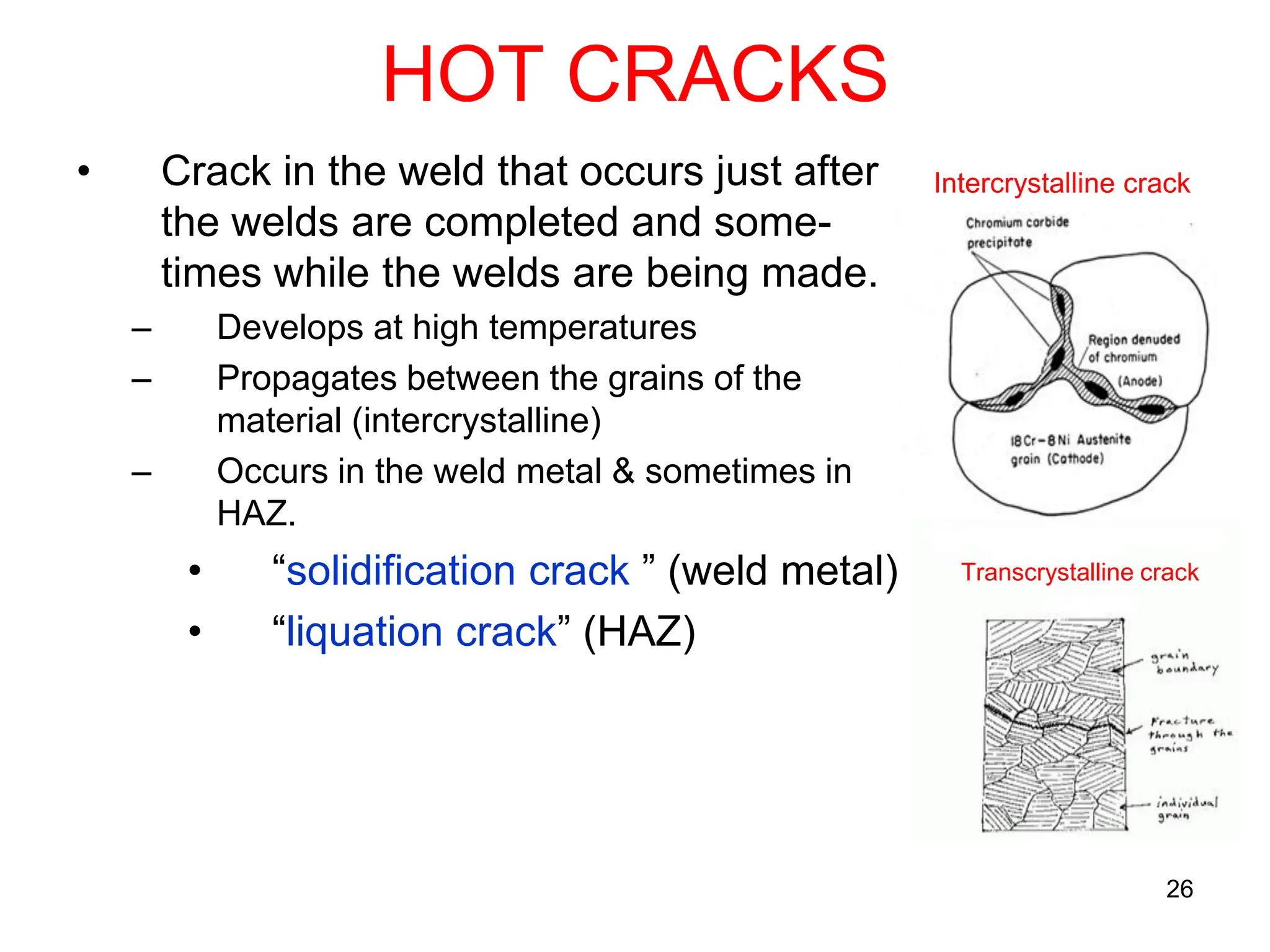 HOT CRACKS
• Crack in the weld that occurs just after
the welds are completed and some-
times while the welds are being made.
– Develops at high temperatures
– Propagates between the grains of the
material (intercrystalline)
– Occurs in the weld metal & sometimes in
HAZ.
• “solidification crack ” (weld metal)
• “liquation crack” (HAZ)
26
Intercrystalline crack
Transcrystalline crack
 