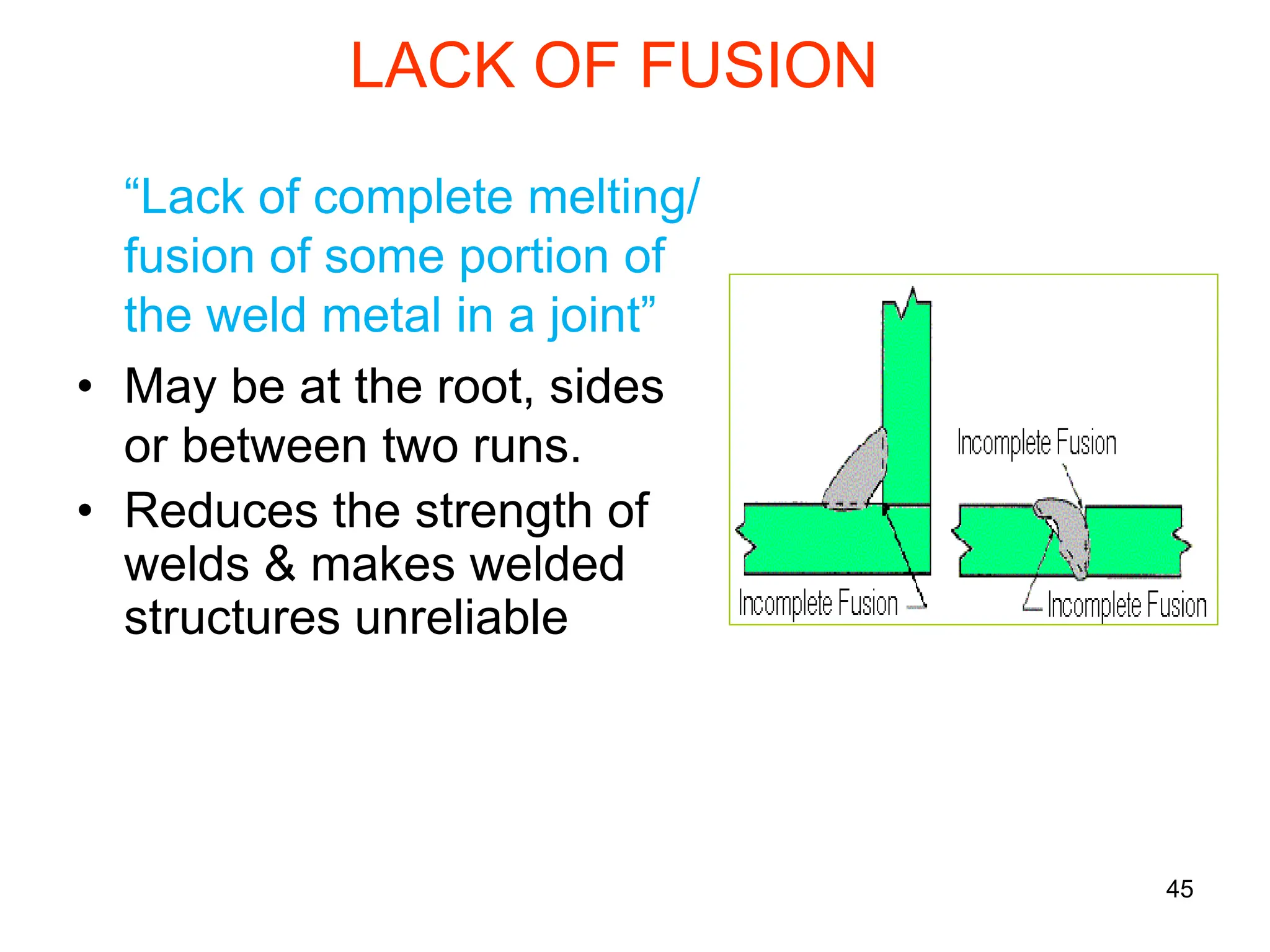 45
LACK OF FUSION
“Lack of complete melting/
fusion of some portion of
the weld metal in a joint”
• May be at the root, sides
or between two runs.
• Reduces the strength of
welds & makes welded
structures unreliable
 