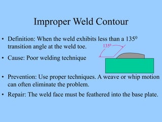 • Definition: When the weld exhibits less than a 1350
transition angle at the weld toe.
• Cause: Poor welding technique
• Prevention: Use proper techniques. A weave or whip motion
can often eliminate the problem.
• Repair: The weld face must be feathered into the base plate.
1350
Improper Weld Contour
 