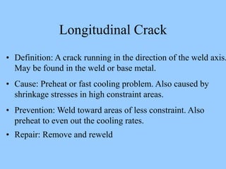 • Definition: A crack running in the direction of the weld axis.
May be found in the weld or base metal.
• Cause: Preheat or fast cooling problem. Also caused by
shrinkage stresses in high constraint areas.
• Prevention: Weld toward areas of less constraint. Also
preheat to even out the cooling rates.
• Repair: Remove and reweld
Longitudinal Crack
 