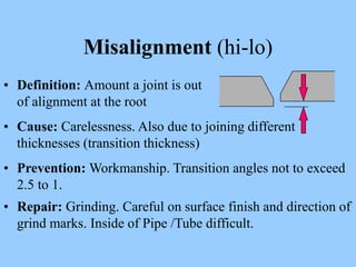 Misalignment (hi-lo)
• Definition: Amount a joint is out
of alignment at the root
• Cause: Carelessness. Also due to joining different
thicknesses (transition thickness)
• Prevention: Workmanship. Transition angles not to exceed
2.5 to 1.
• Repair: Grinding. Careful on surface finish and direction of
grind marks. Inside of Pipe /Tube difficult.
 