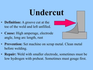 Undercut
• Definition: A groove cut at the
toe of the weld and left unfilled.
• Cause: High amperage, electrode
angle, long arc length, rust
• Prevention: Set machine on scrap metal. Clean metal
before welding.
• Repair: Weld with smaller electrode, sometimes must be
low hydrogen with preheat. Sometimes must gouge first.
 