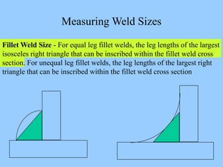 Fillet Weld Size - For equal leg fillet welds, the leg lengths of the largest
isosceles right triangle that can be inscribed within the fillet weld cross
section. For unequal leg fillet welds, the leg lengths of the largest right
triangle that can be inscribed within the fillet weld cross section
Measuring Weld Sizes
 