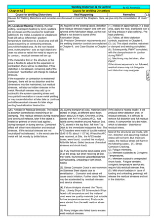 Welding Distortion & Its Control
Cause for Welding Distortions RemediesReal Happening
(1). Instead of applying heat, in a local
area, apply the heat, distributed over a
full ring area(as in pipe welding). Pre-
heat preferred.
(2). Follow, all Weld distortion
controls, explained in Chapter-9.
(3). (a). The object shall be restrained
or clamped and welding completed.
(b). Subsequently, PWHT completed,
with the clamps/restrain in position
during PWHT.
(c). Machining may be taken, after
PWHT.
If the above sequence is not followed,
residual stress may not disappear
and distortion may re-appear.
(1). Majority of the welding cases, distortion
and residual stresses happen and both are
ignored at the fabrication stage, as the real
effect is not known to some of the
Fabrication Shops.
(2). Precision Dimension requirements and
the welding distortion controls are explained
in Chapter-9, and Case-Studies in Chapter-
10).
Causes for Welding Distortions and remedies are discussed in most of the Chapters. Here, we give only the consolidation of main
points.
If the material is thin or the structure or the
area is flexible to adjust to the expansion or
contraction, there will be no distortion. If free
distortion is not allowed, remaining part of the
expansion / contraction will change to residual
stresses.
If the expansion or contraction is restrained/
clamped, there will be no distortion and the
dimensions may be maintained, but residual
stresses, will stay as hidden stresses in the
metal. Residual stresses may add up or
subtract to the system operating stress and
may partially neutralize or cause metal yielding
or may cause distortion at later date or continue
as hidden residual stresses for later stage
venting/ neutralization/ destruction.
(1). Localized Heating: Welding, thermal
cutting, local (spot) heating by torch, spatters
etc on metals are the sources for local heat
addition to the metal. Localized or unbalanced
heat will set up differential / gradient
temperature distribution to a local area and will
cause expanding or contracting stresses,
around the heated area. As the non-heated
area, outer periphery acts as rigid object and
does not allow or resist the metal to expand or
to contract, residual stresses will set up.
Chapter-A6 Causes for Welding Distortions
If the object is heated locally, it will
produce either distortion and / or
residual stresses. It is difficult, to
remove full distortion and full residual
stress. A compromise is to be made,
which is tolerable - distortion or
residual stress.
Most of the structures are made, with
min. distortion and assuming residual
stress will not harm. But, there are
cases, the residual stress will harm in
the following cases:, (1). Stress
Corrosion Cracking,
(2). Fatigue members,
(3). Members subjected to Cryogenic
Temperatures,
(4). Members subject to unexpected
shock loads. Fatigue stresses,
cryogenic temperature service etc
require fully residual stresses free.
(5). Mild shock loads(as in case of
loading and unloading, peening), will
release the residual stresses and set
in the distortion.
(2b). Release of Residual Stresses: The object
is distortion controlled by restraining or by
clamping. The residual stresses during heating
and cooling will release, later if the object is
heated or peened or shock load applied ,
during transport or during service. Combined
effect will either have distortion and residual
stresses. If the residual stresses are not
neutralized/ not released, in the worst case the
metal will fail, mostly by brittle failure.
(1). During transport by Sea, materials were
stored, in Ships, at different deck floors
(each about 20 ft high). One time, a Ship,
loaded with Air Fin Coolers(AFC), had
faced stormy weather around Arabian Sea.
AFC, stored in the top floor, fell from Top
Deck to the immediate mezzanine floor. The
AFC headers were made of ductile material
(SA516-70, about 1 1/2" tk). When the AFC
was received, at Site, the AFC header
boxes, were found, crushed like mud pot.
All brittle failure. (failed because of residual
stresses and shock load).
(2). Fully machined pump base plates were
ok at the Shop, but when received at Site,
they were, found bowed upwards(distorted
during loading, unloading or with shock
loads).
(3). Stress Corrosion Crack is very common
on Stainless Steel objects due to
sensitization . Corrosion and stress will
cause crack initiation. Further crack/ failure
may be accelerated by residual stresses
and service stresses.
(4). Failure Analysis showed the Titanic
Ship , Liberty Ships/ SS Schenectady Ships
faced cold temperature and the material
used were low quality materials (not suitable
for low temperature service). First cracks
were started from the weld residual stress
areas.
(5). Many bridges also failed due to excess
weld residual stresses.
C
H
Pg.A6.1
By JGC Annamalai
12
 