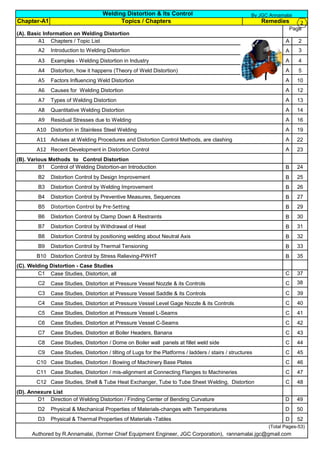A1 A 2
A2 A 3
A3 A 4
A4 A 5
A5 A 10
A6 A 12
A7 A 13
A8 A 14
A9 A 16
A10 A 19
A11 A 22
A12 A 23
B1 B 24
B2 B 25
B3 B 26
B4 B 27
B5 B 29
B6 B 30
B7 B 31
B8 B 32
B9 B 33
B10 B 35
C1 Case Studies, Distortion, all C 37
C2 Case Studies, Distortion at Pressure Vessel Nozzle & its Controls C 38
C3 Case Studies, Distortion at Pressure Vessel Saddle & its Controls C 39
C4 Case Studies, Distortion at Pressure Vessel Level Gage Nozzle & its Controls C 40
C5 C 41
C6 C 42
C7 C 43
C8 C 44
C9 C 45
C10 C 46
C11 C 47
C12 C 48
D1 D 49
D2 D 50
D3 D 52
Authored by R.Annamalai, (former Chief Equipment Engineer, JGC Corporation), rannamalai.jgc@gmail.com
Page
Case Studies, Distortion at Pressure Vessel L-Seams
Physical & Thermal Properties of Materials -Tables
Physical & Mechanical Properties of Materials-changes with Temperatures
Direction of Welding Distortion / Finding Center of Bending Curvature
Case Studies, Shell & Tube Heat Exchanger, Tube to Tube Sheet Welding, Distortion
Case Studies, Distortion / mis-alignment at Connecting Flanges to Machineries
Case Studies, Distortion / Bowing of Machinery Base Plates
Case Studies, Distortion / tilting of Lugs for the Platforms / ladders / stairs / structures
Case Studies, Distortion / Dome on Boiler wall panels at fillet weld side
Case Studies, Distortion at Boiler Headers, Banana
Case Studies, Distortion at Pressure Vessel C-Seams
Distortion Control by positioning welding about Neutral Axis
Distortion Control by Withdrawal of Heat
Distortion Control by Clamp Down & Restraints
Welding Distortion & Its Control
(A). Basic Information on Welding Distortion
(B). Various Methods to Control Distortion
(C). Welding Distortion - Case Studies
Distortion Control by Thermal Tensioning
Distortion Control by Stress Relieving-PWHT
Causes for Welding Distortion
Distortion Control by Pre-Setting
Distortion Control by Preventive Measures, Sequences
Distortion Control by Welding Improvement
Distortion Control by Design Improvement
Control of Welding Distortion-an Introduction
Advises at Welding Procedures and Distortion Control Methods, are clashing
Distortion in Stainless Steel Welding
Residual Stresses due to Welding
Quantitative Welding Distortion
(D). Annexure List
Chapter-A1 Topics / Chapters
Factors Influencing Weld Distortion
Distortion, how it happens (Theory of Weld Distortion)
Examples - Welding Distortion in Industry
Introduction to Welding Distortion
Chapters / Topic List
Recent Development in Distortion Control
Remedies
Types of Welding Distortion
By JGC Annamalai
2
(Total Pages-53)
 