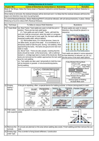 No
.
(1)
1
(2)
.
(3)
(4)
.
(5)
Welding Distortion & Its Control
Remedies
Technique To follow to reduce Weld Distortion Illustrations
Chapter-B6
Most of the Shops, follow the Clamp down or Restraint method to control Distortion. Using this method, Distortion is
controlled.
Once clamp is removed, the residual stresses will be dominant and it is likely that the residual stresses will force the
object and distortion may return by spring back .
To control Residual Stresses, Stress Relieving(PWHT) should be followed, with all clamps/restraints, in place. Stress
Relieving is found to relieve 90% Residual Stresses.
Control of Distortion by Clamp Down or Restraining
Employ egg-
crate Type
This is similar to fixing boxed stiffeners / construction
Remove the
cut-outs
Fillet welds:
side supports
Use side gussets to support the plates or pipes with fillet
welds
If tacks welds are used, to reduce
distortion, they should be placed in a
sequence.
Tack-Weld
Employ
tooling /
fixtures
If the job is repeating, often, a special device for holding purpose or fixture (strong-back) is used.
(a). Root Tacks: Tack welds are used, to hold the joint in
position. There are two tack weld types.
(1). Tack welds are part of weld : Tacks will hold the
joint and it will be consumed, when the weld is in progress
and later, it will be part of main weld. So, the tack welds are
expected quality weld, without defects.
(2). Removable tacks: For critical services, Users do
not allow tacks, as part of the weld. It is considered as a
temporary weld to hold the joint. During root welding, when
approaching the tacks, the tacks are ground and new root
weld is made.
(b). Bevel Tack : There are also people, insisting that the
tacks should be made at the bevel area, with a solid bar
tacked or a bridge type tack is made at the bevel are. Both
tacks are removed as the welder approaches the tack weld
area for root welding.
(c). Tack welds are also used temporarily to hold the main
job by brackets or gussets or structures/strong-backs,
during welding
If cut-outs are planned on the area where welding also exists. Finish welding and then remove the cut-
outs.
Tack welds are placed in some sequence
so that distortion is reduced. (a), (b). (c)
are the some of the tack weld options.
By JGC Annamalai
Pg.B6.1
Weld
Tack Welds
Weld
GussetGusset
30
 