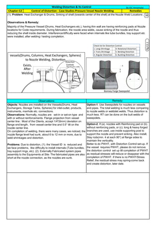 (1). Problem: Heat Exchanger & Drums, Sinking of shell (towards center of the shell) at the Nozzle Weld Locations
Observations & Remedy:
Welding Distortion & Its Control
Remedies
Majority of the Pressure Vessel (Drums, Heat Exchangers etc.), having thin wall are having reinforcing pads at Nozzle
locations for Code requirements. During fabrication, the nozzle area welds, cause sinking of the nozzle and thus
reducing the shell inside diameter. Interference/difficulty were faced when internals like tube bundles, tray support etc
were installed, after welding / testing completion.
Control of Distortion - Case Studies-Pressure Vessel Nozzle WeldingChapter-C2
Observations: Remedy:
Objects: Nozzles are installed on the Vessels(Drums, Heat
Exchangers, Storage Tanks, Spheres) for inlet-outlet, products,
instruments, manhole etc. connections.
Observations: Normally, nozzles are set-in or set-on type and
with or without reinforcements. Flange projection from vessel
center line : Most of the Clients, accept 1/4"(6mm) deviation on
flange end length, from vessel center line and 0.5° tilt on the
nozzle center line.
On completion of welding, there were many cases, we noticed, the
nozzle flange level had sunk, about 6 to 12 mm or more, due to
weld shrinkages and distortion.
Problems: Due to distortion, (1). the Vessel ID is reduced and
we face problems, like difficulty to install internals (Tube bundles,
tray support rings, etc). (2). Externally Fabricated system pipes
assembly to the Equipments at Site: The fabricated pipes are also
short at the nozzle connection, as the nozzles are sunk.
Option-1. Use Sweepolets for nozzles on vessels
and pipes. The total welding is much less comparing
to nozzle welds or weldolet welds. Thus distortion is
much less. RT can be done on the butt welds of
sweepolets.
Option-2. If (a). nozzles with Reinforcing pad or (b).
without reinforcing pads, or (c). long & heavy forged
branches are used, use inside supporting post to
support the nozzle and prevent sinking. Also install,
Stay rods(min. 4 at each 90°) at flange sides to
maintain the verticality.
Better to do PWHT, with Distortion Control set-up. If
the vessel requires PWHT, please do not remove
the distortion control set up till completion of PWHT
as residual stresses will reduce or disappear with the
completion of PWHT. If there is no PWHT/Stress
Relief, the residual stress may spring-come back
and create distortion, later date.
By JGC Annamalai
Pg.C2.1
Check-list for Distortion Control:
1. Longi.Shrinkage 4. Rotational Distortion
2. Trans.Shrinkage 5. Bending Distortion
3. Angular Distortion 6. Buckling Distortion
38
 