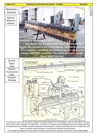 RemediesChapter-A3 Welding & Heat Distortion & Controls - Examples
Ca
Hig
By JGC Annamalai
4
Pg.A3.2
The above set up (similar to a lathe machine) is to weld, Nuclear Fuel Control Rods, made up of SS-304 (5" &6" dia,
10 tk, 2 butt welds, each pipe 20' long). After completion of root pass and 2 stabilizing passes with Argon shielding
& purging (low heat, GTAW), to control distortion and sensitization, further fill welding was done using GTAW, with
water circulation inside the pipes, to cool the weld and HAZ during welding .
The straight line alignment requirement of the pipe assembly after welding, was 0.75mm for 6m (20ft) length.
Distortion
Controls
Refinery
Reformer
Headers
Pg.3.1
5
Nuclear
Power
Plant
Reactor
Fuel Control
Rods
Precision
Welding
 